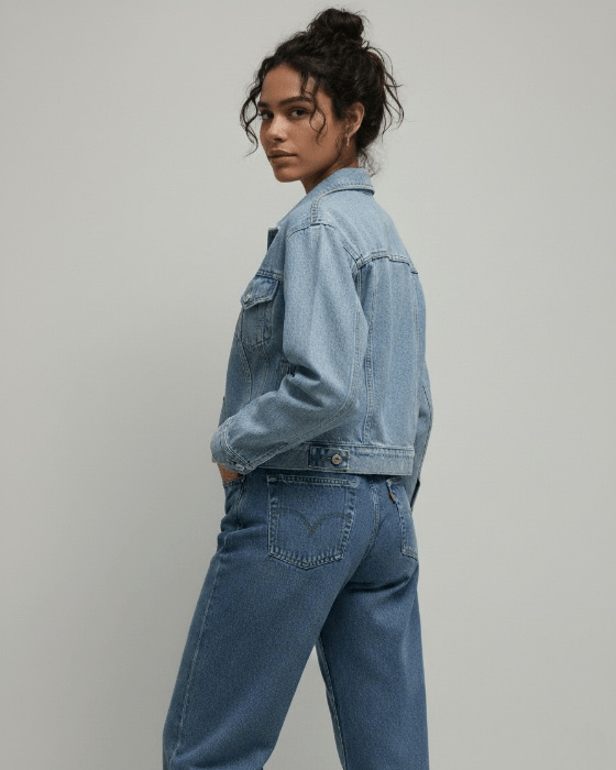 Person wearing a light blue denim jacket and jeans on a plain background