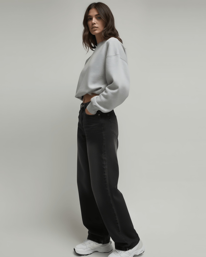 Person wearing a light gray sweatshirt and black pants on a plain background