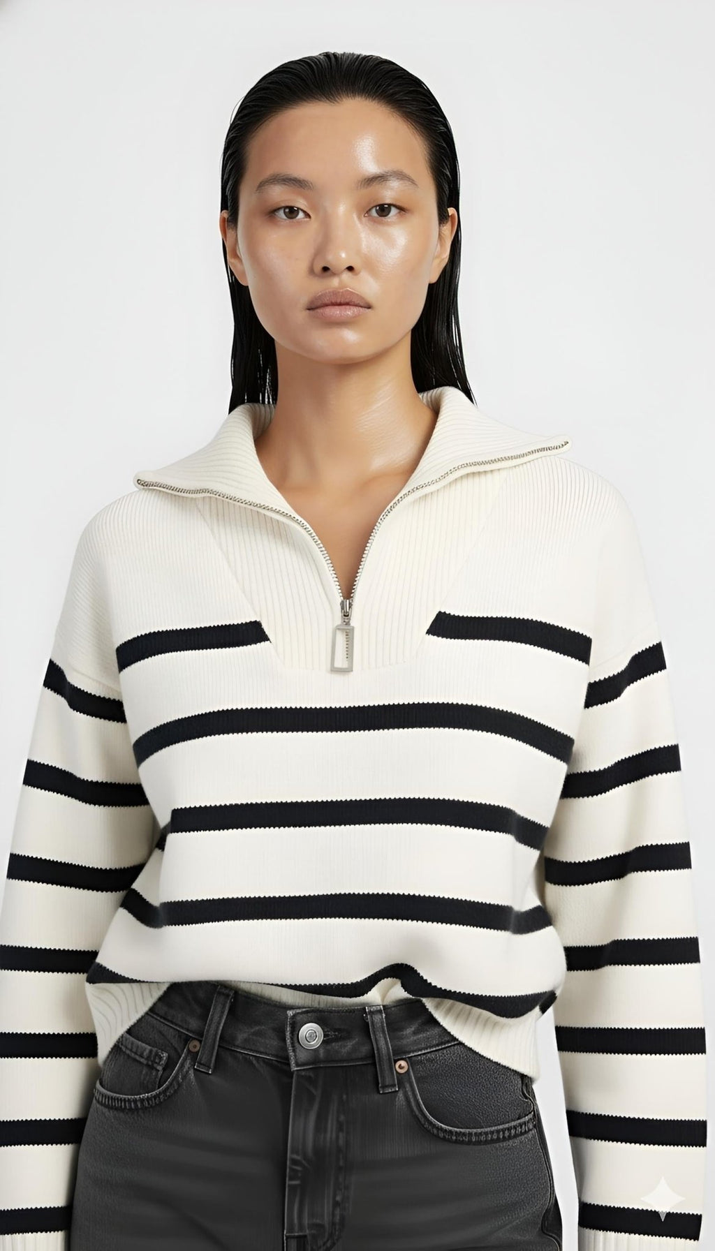 Person wearing a white sweater with black stripes and dark jeans on a white background