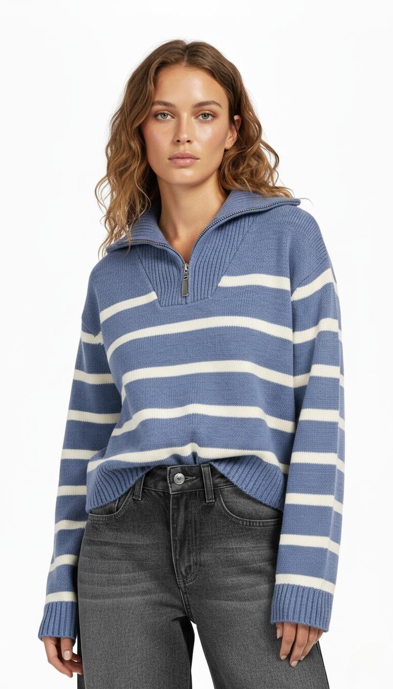 Woman wearing a blue and white striped sweater with a zipper on a white background